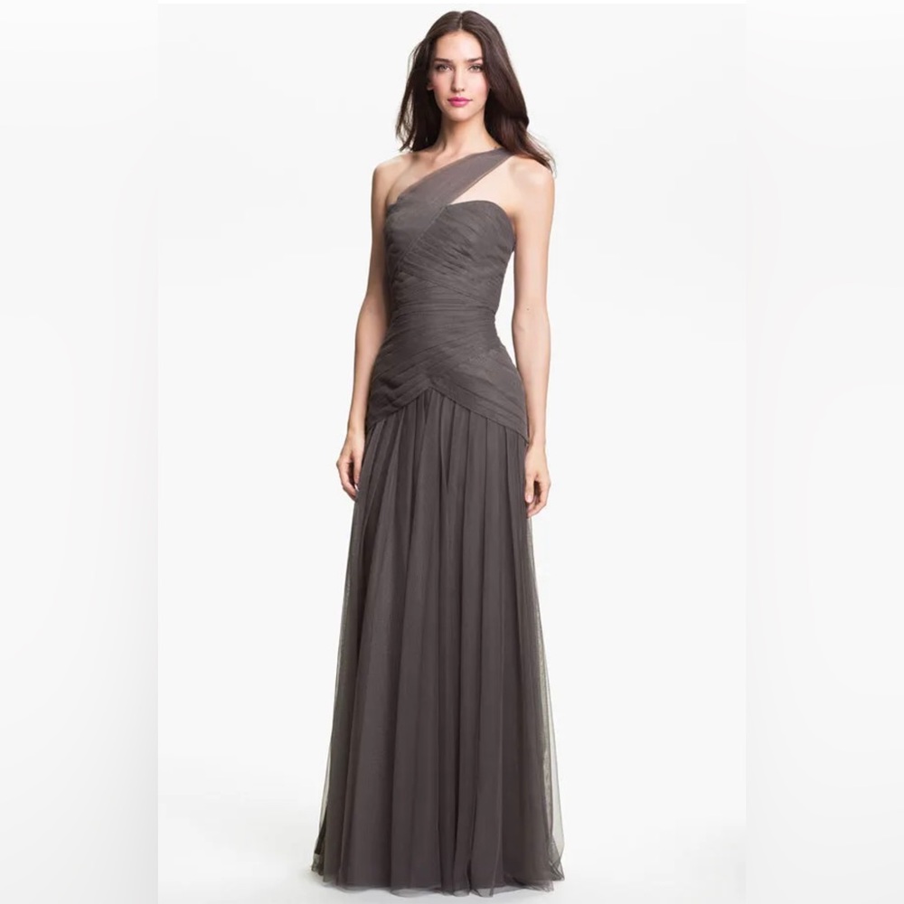 Monique Lhuillier Pleated One Shoulder Tulle Trumpet 4